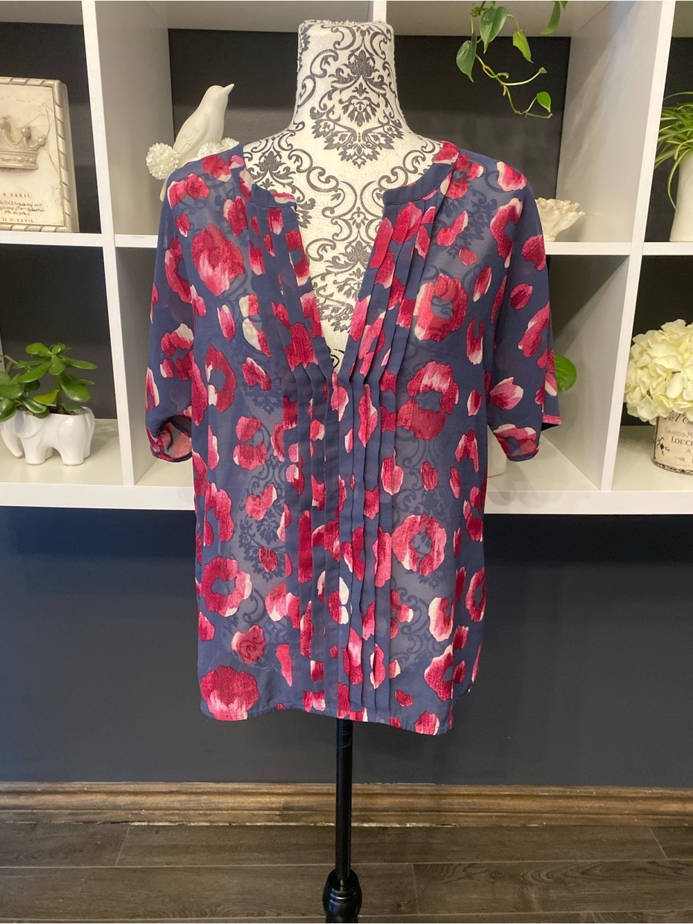 Banana Republic Red, Pink and Navy Sheer Floral Pintuck Blouse - Pink Floral